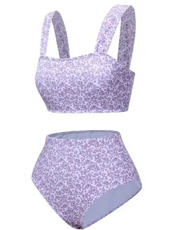 Fashion Retro Stage 1950s Floral Wide Strap Swimsuit Lavender