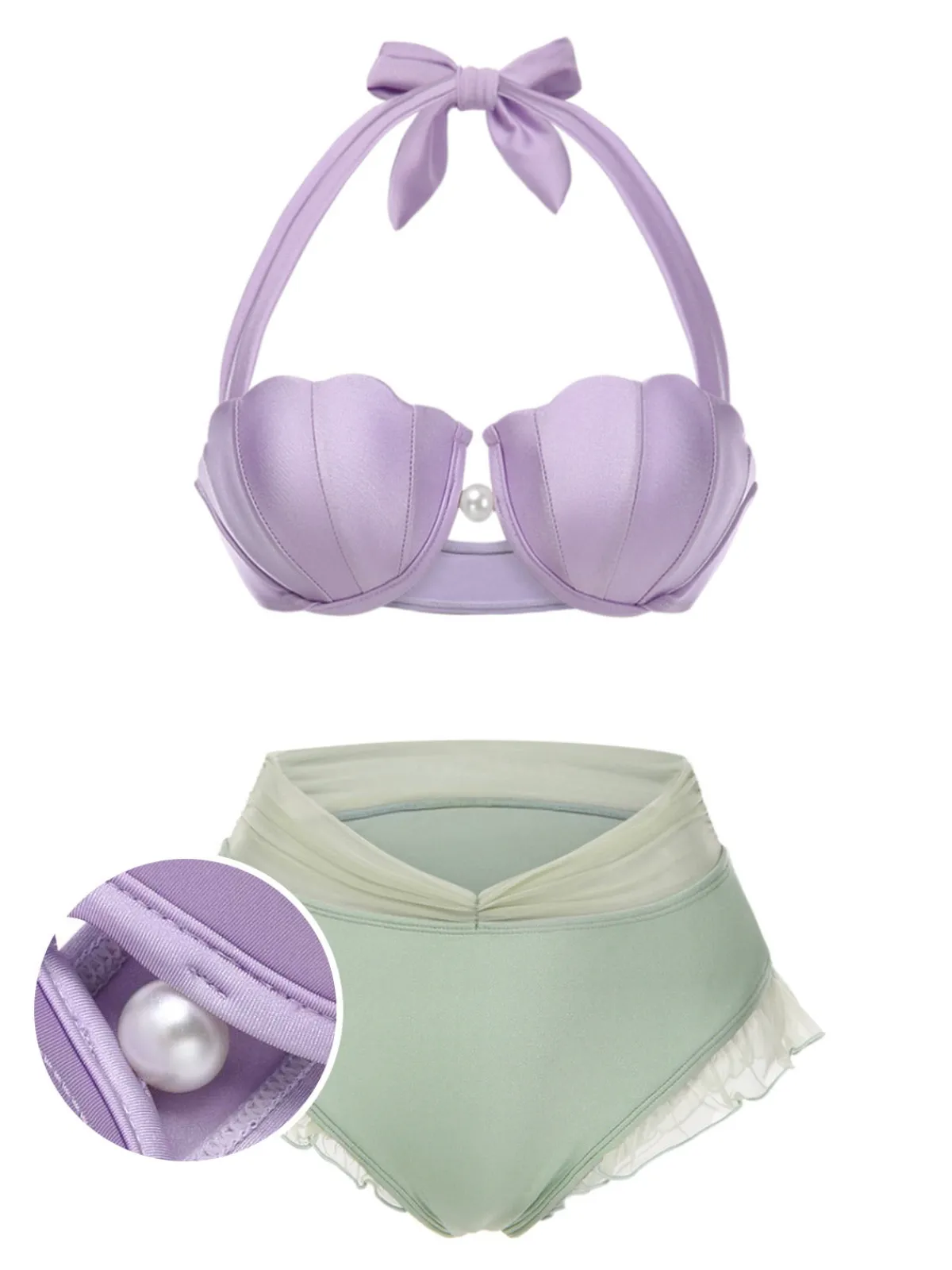 Online Retro Stage Lavender 1970s Mermaid Shell Halter Bikini Set