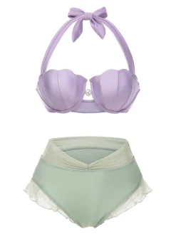 Online Retro Stage Lavender 1970s Mermaid Shell Halter Bikini Set