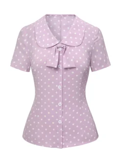 Online Retro Stage 1940s Polka Dots Lapel Blouse Lavender