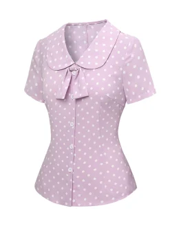 Online Retro Stage 1940s Polka Dots Lapel Blouse Lavender