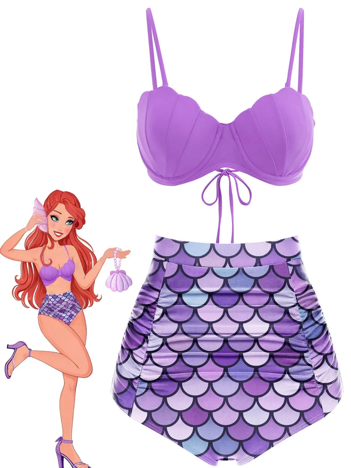 Discount Retro Stage 1970s Shell Mermaid Scale Bikini Set Lavender