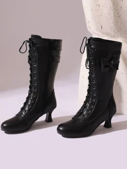 Best Retro Stage Leather Bow Lace-Up Calf High Boots