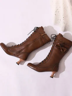 Best Retro Stage Leather Bow Lace-Up Calf High Boots