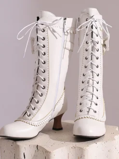 Best Retro Stage Leather Bow Lace-Up Calf High Boots