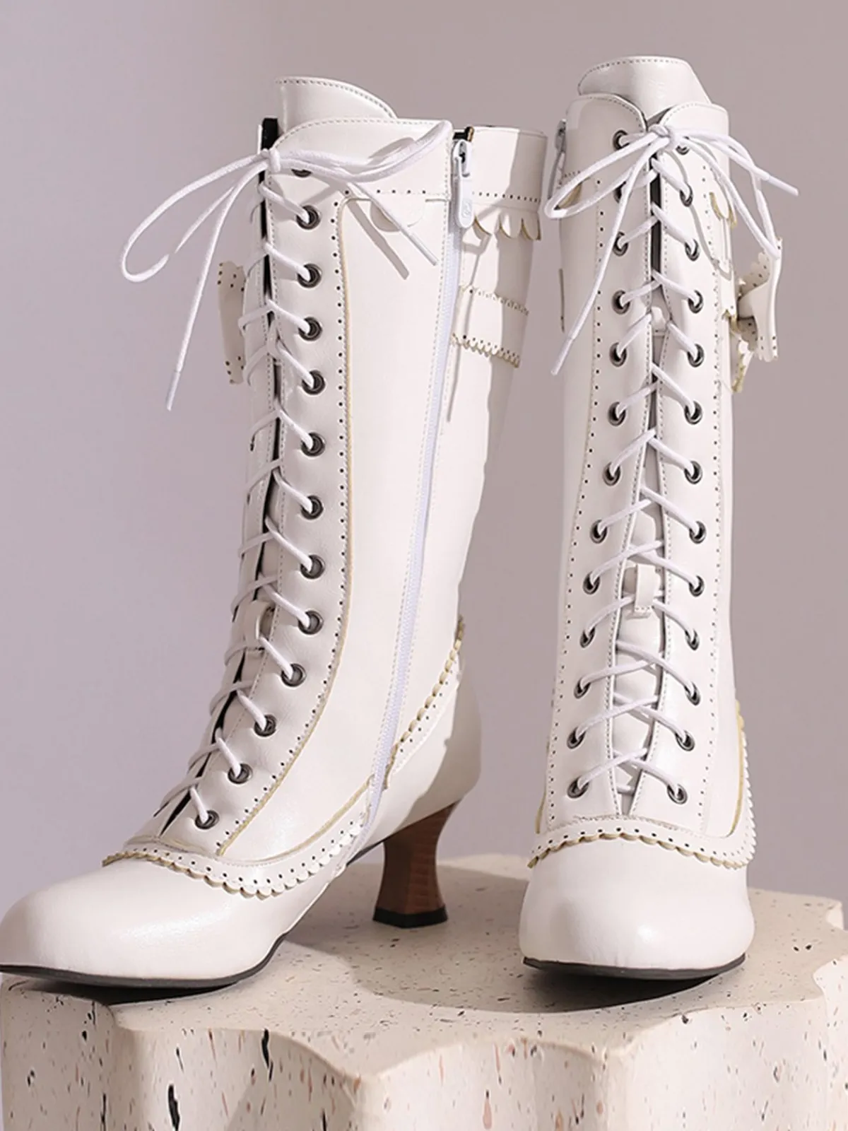 Best Retro Stage Leather Bow Lace-Up Calf High Boots