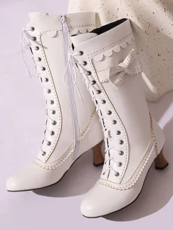 Best Retro Stage Leather Bow Lace-Up Calf High Boots