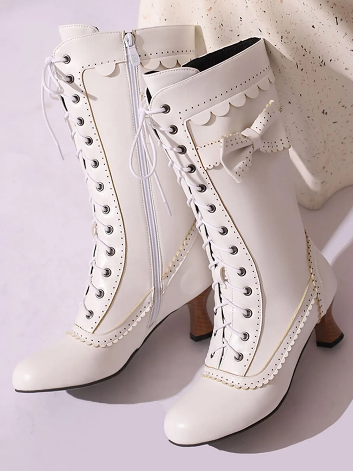Best Retro Stage Leather Bow Lace-Up Calf High Boots