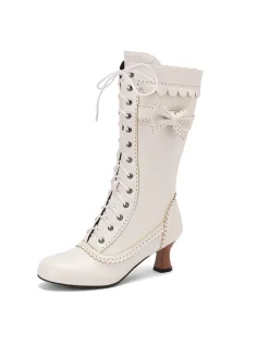 Best Retro Stage Leather Bow Lace-Up Calf High Boots