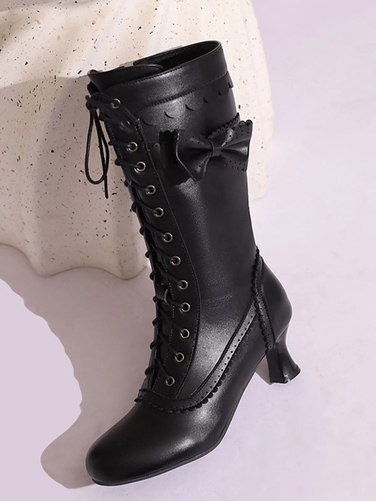 Best Retro Stage Leather Bow Lace-Up Calf High Boots