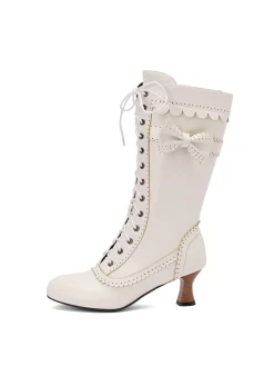 Best Retro Stage Leather Bow Lace-Up Calf High Boots