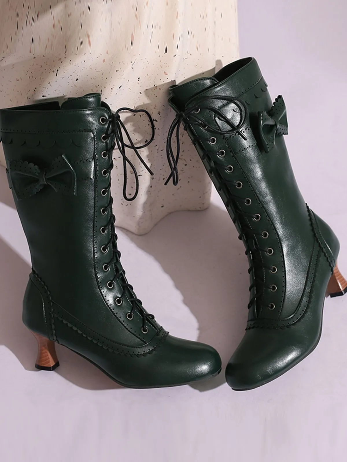 Best Retro Stage Leather Bow Lace-Up Calf High Boots