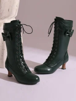 Best Retro Stage Leather Bow Lace-Up Calf High Boots