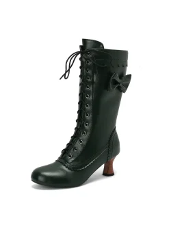 Best Retro Stage Leather Bow Lace-Up Calf High Boots