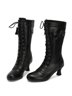 Best Retro Stage Leather Bow Lace-Up Calf High Boots