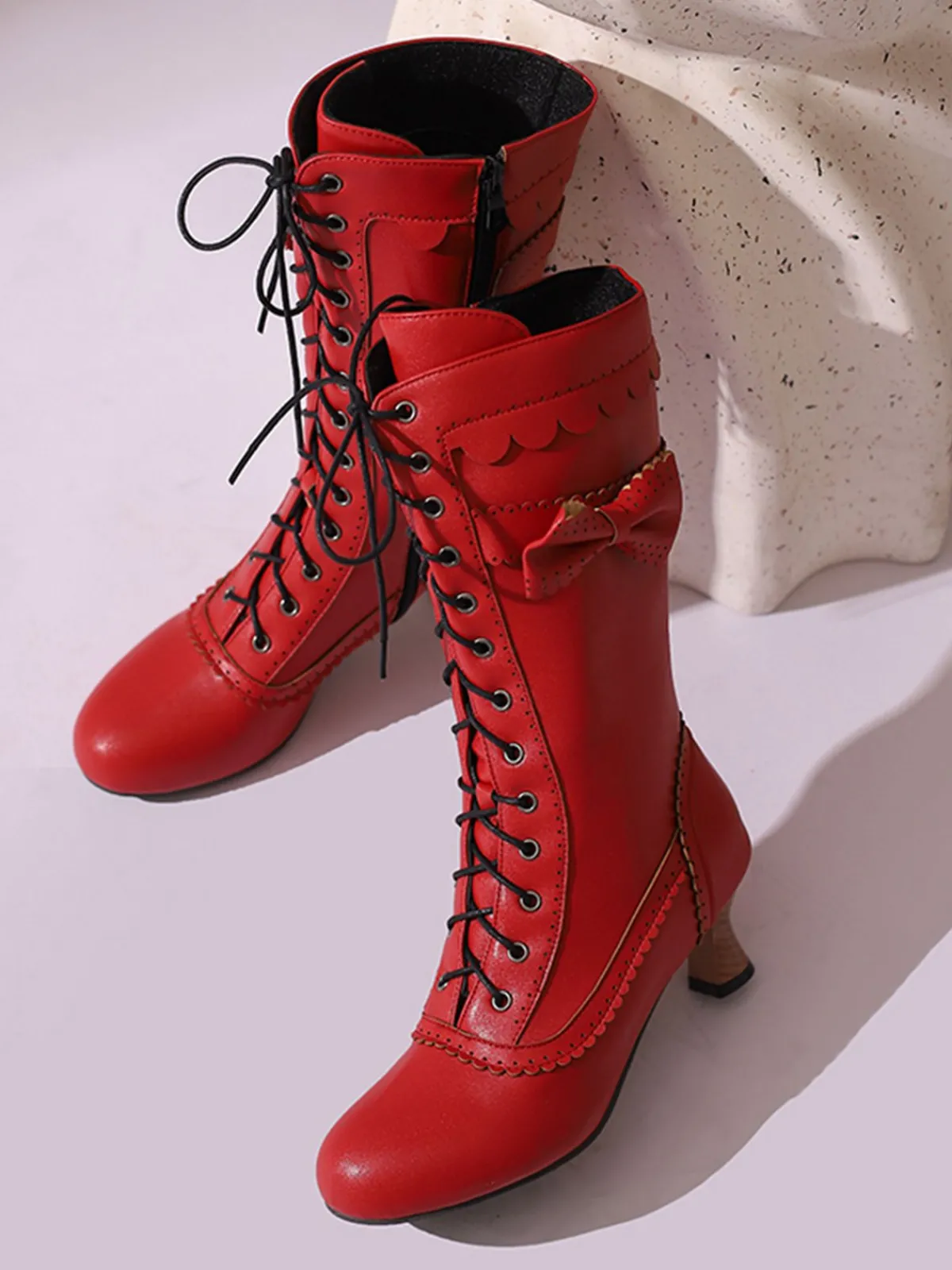 Best Retro Stage Leather Bow Lace-Up Calf High Boots