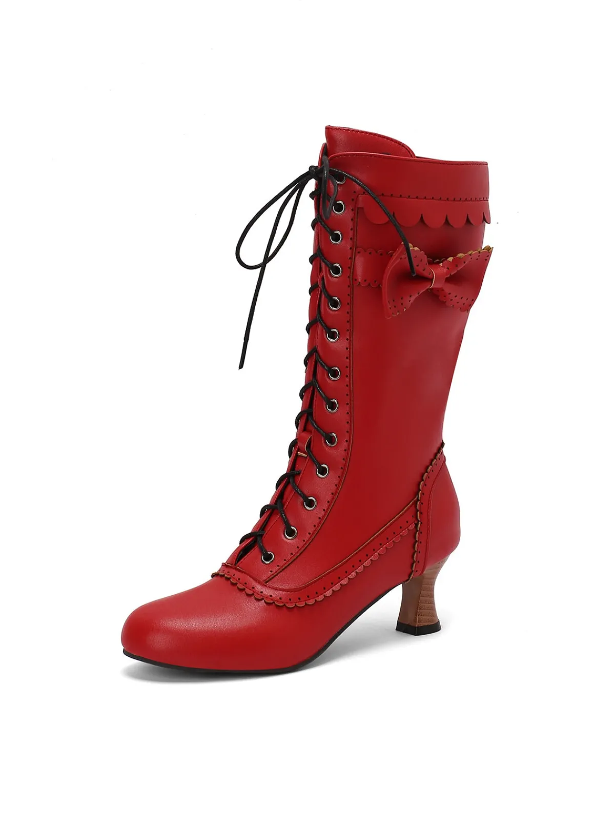 Best Retro Stage Leather Bow Lace-Up Calf High Boots