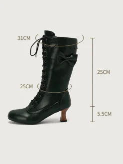 Best Retro Stage Leather Bow Lace-Up Calf High Boots