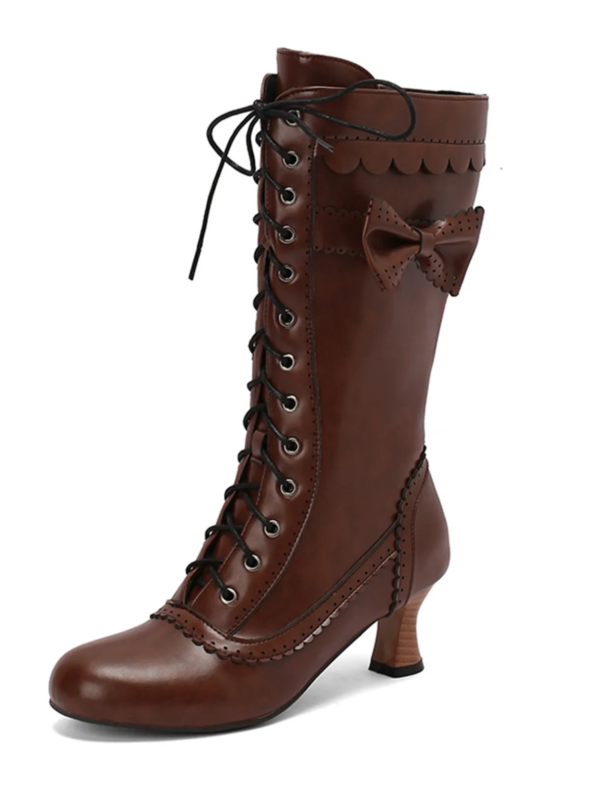 Best Retro Stage Leather Bow Lace-Up Calf High Boots