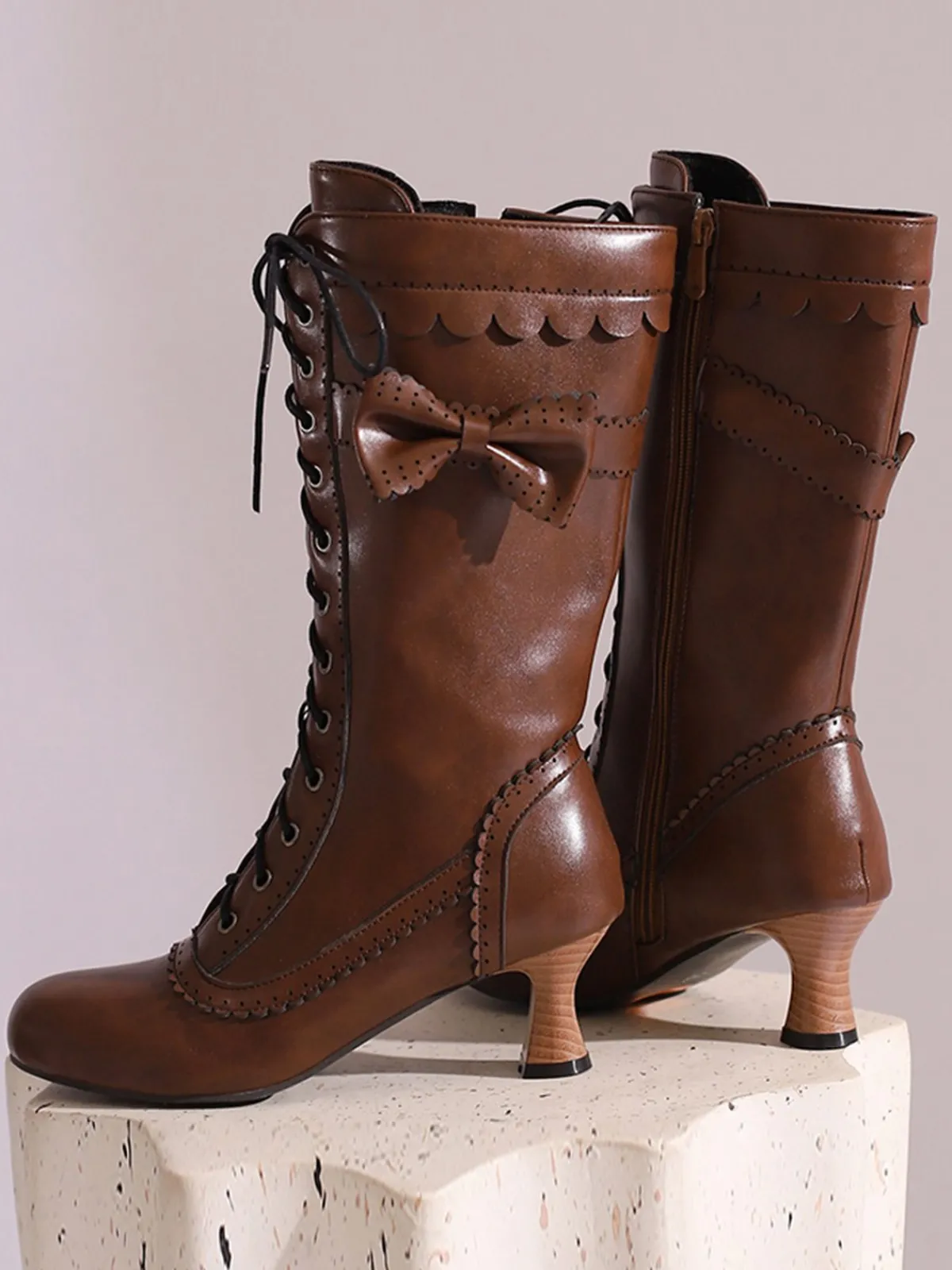 Best Retro Stage Leather Bow Lace-Up Calf High Boots