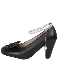 Fashion Retro Stage Leather Bowknot Pearl Ankle Strap Chunky Heels