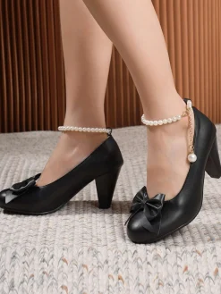 Fashion Retro Stage Leather Bowknot Pearl Ankle Strap Chunky Heels