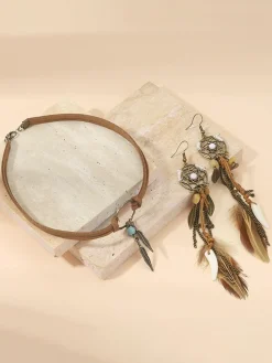 Best Retro Stage Leather Choker & Feather Dreamcatcher Tassel Earrings Set