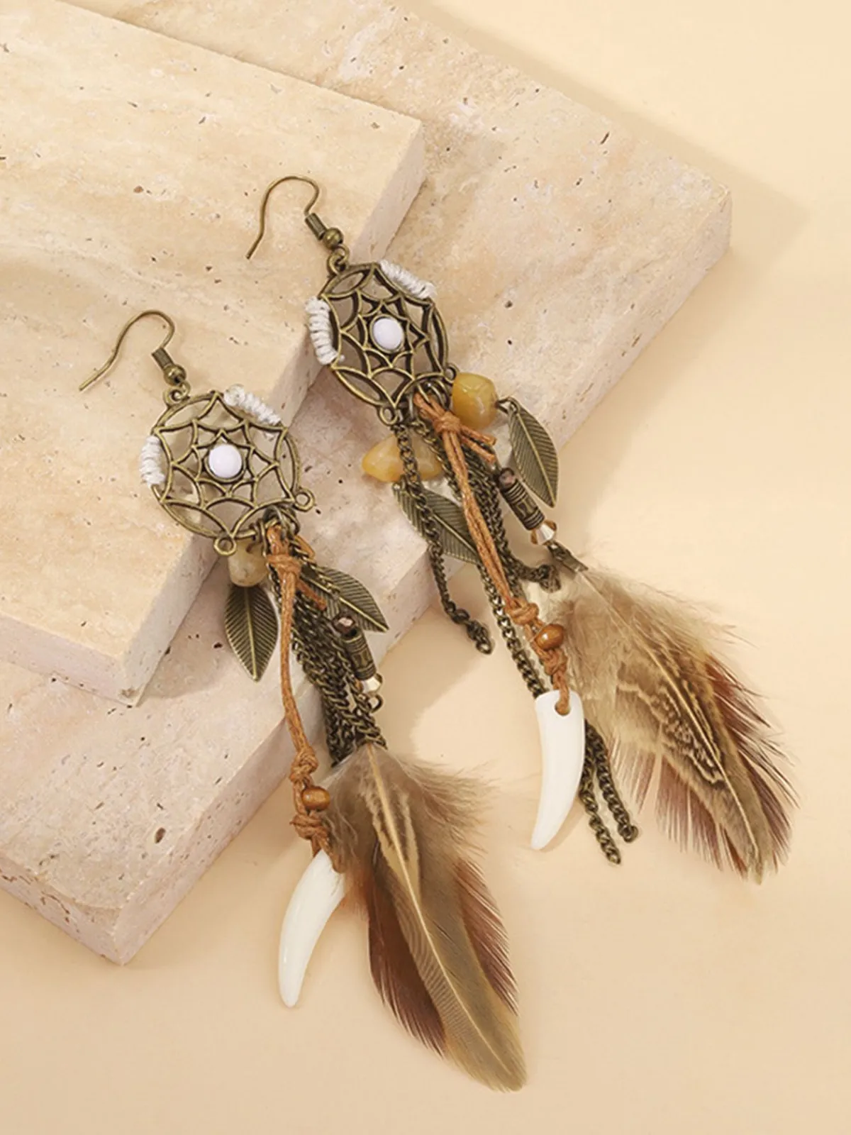 Best Retro Stage Leather Choker & Feather Dreamcatcher Tassel Earrings Set