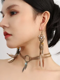 Best Retro Stage Leather Choker & Feather Dreamcatcher Tassel Earrings Set