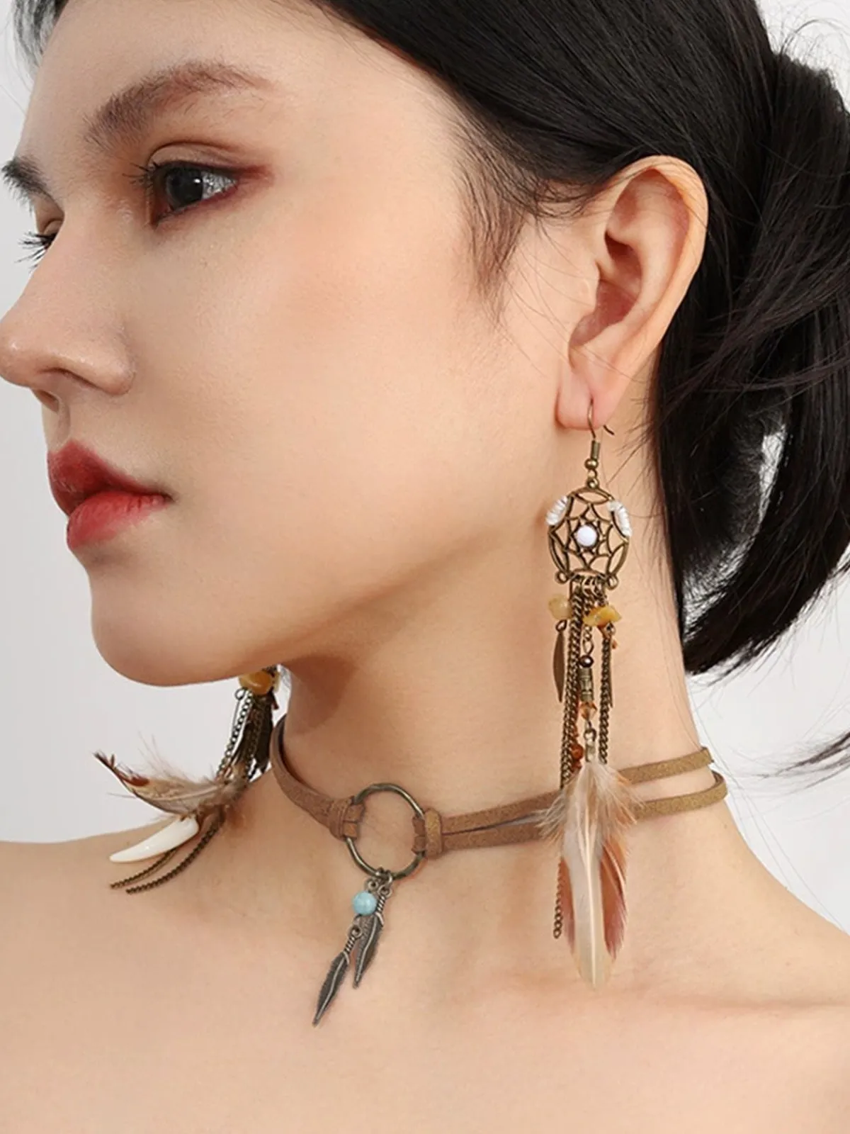 Best Retro Stage Leather Choker & Feather Dreamcatcher Tassel Earrings Set