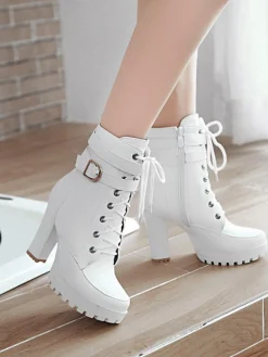 Discount Retro Stage Leather High Top Chunky Heel Martin Boots