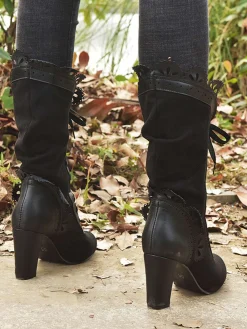 Outlet Retro Stage Leather Petal Edge Lace-Up Mid-Calf Boots