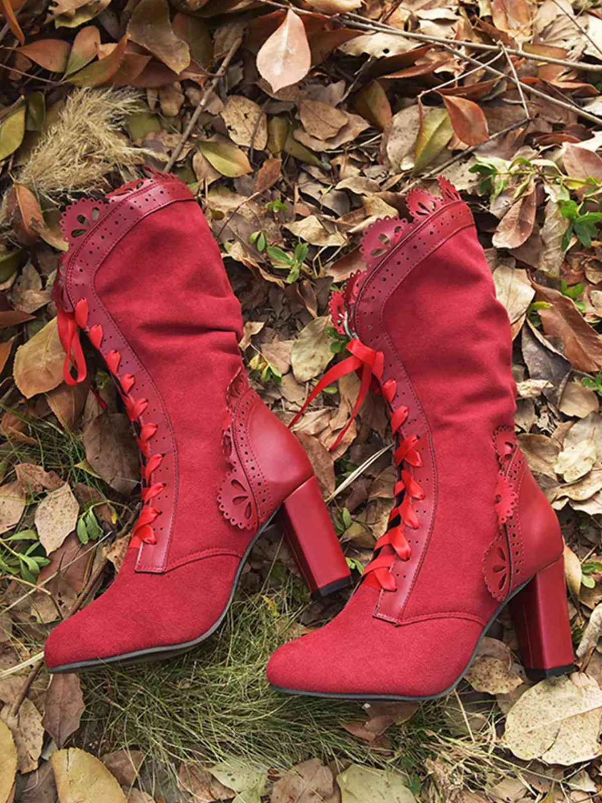 Outlet Retro Stage Leather Petal Edge Lace-Up Mid-Calf Boots