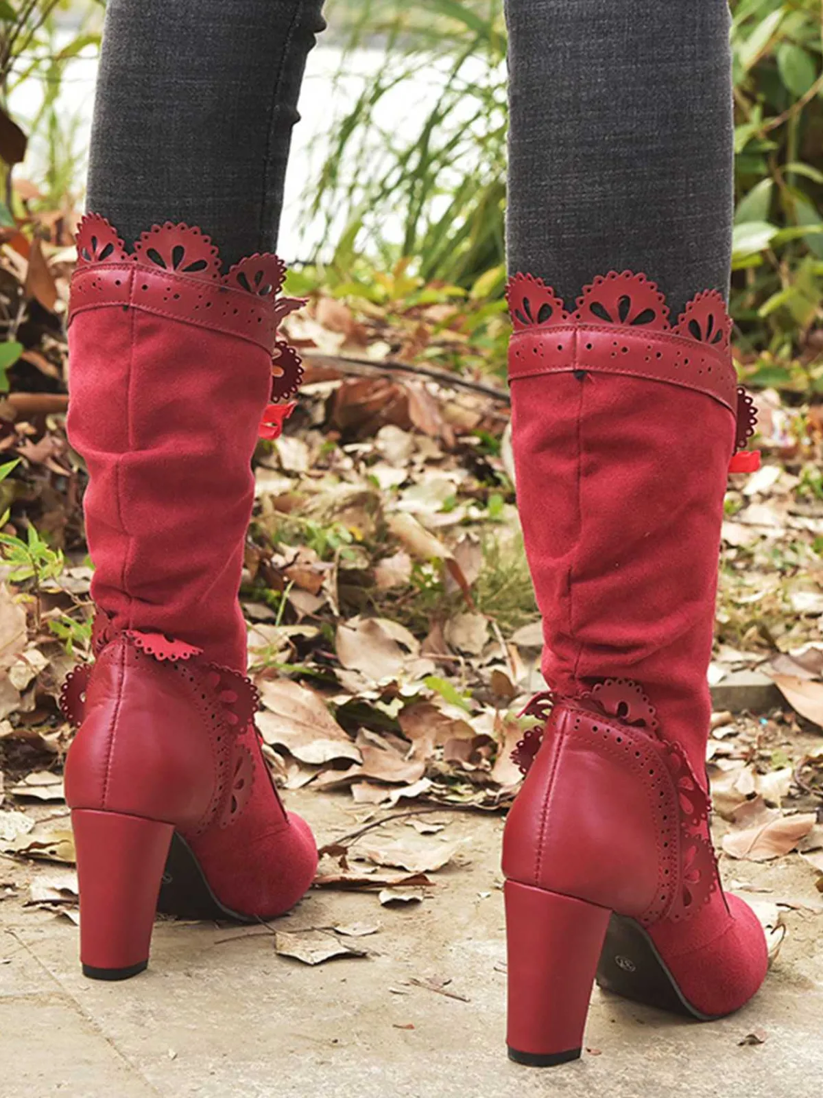 Outlet Retro Stage Leather Petal Edge Lace-Up Mid-Calf Boots