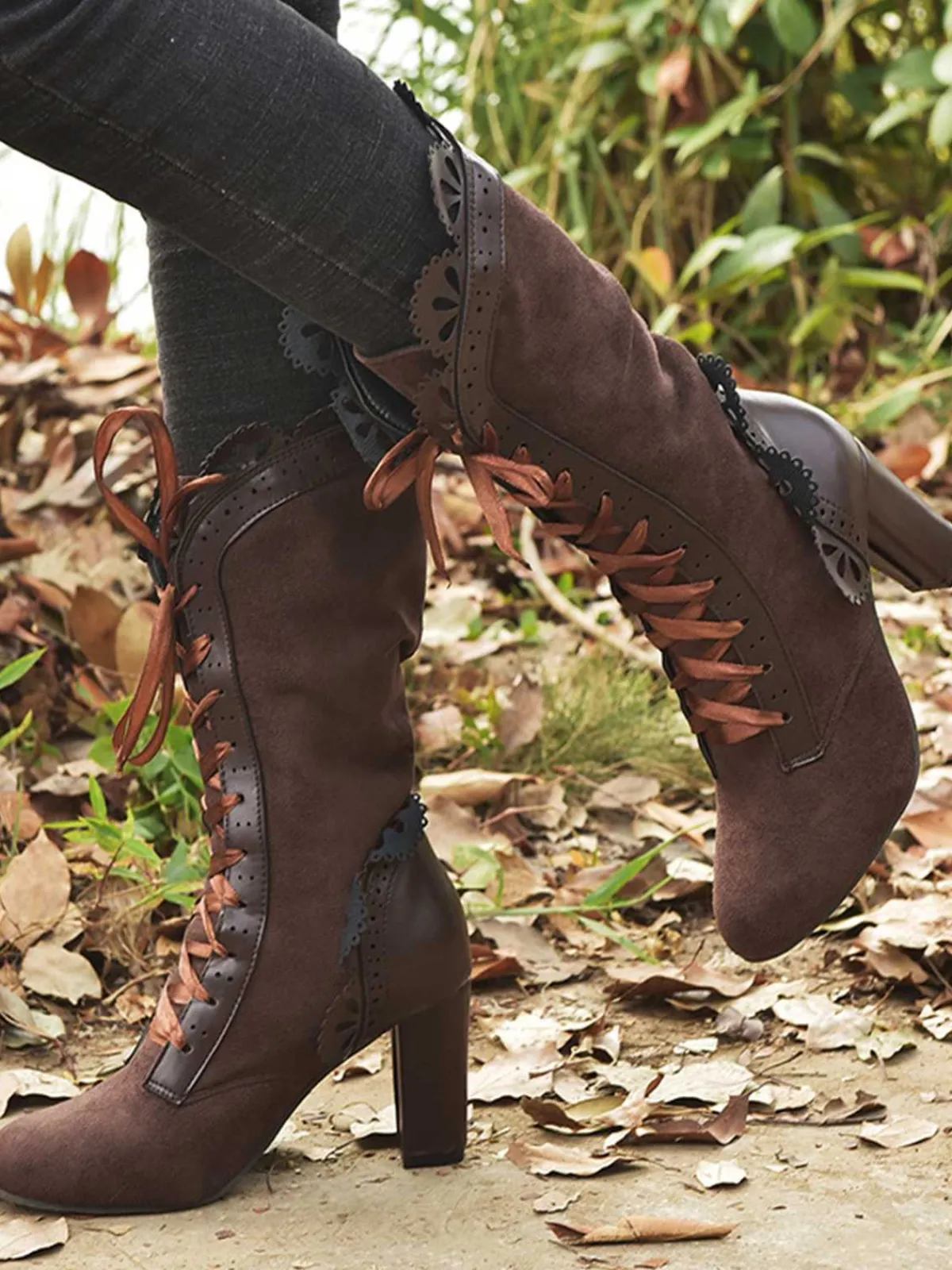 Outlet Retro Stage Leather Petal Edge Lace-Up Mid-Calf Boots