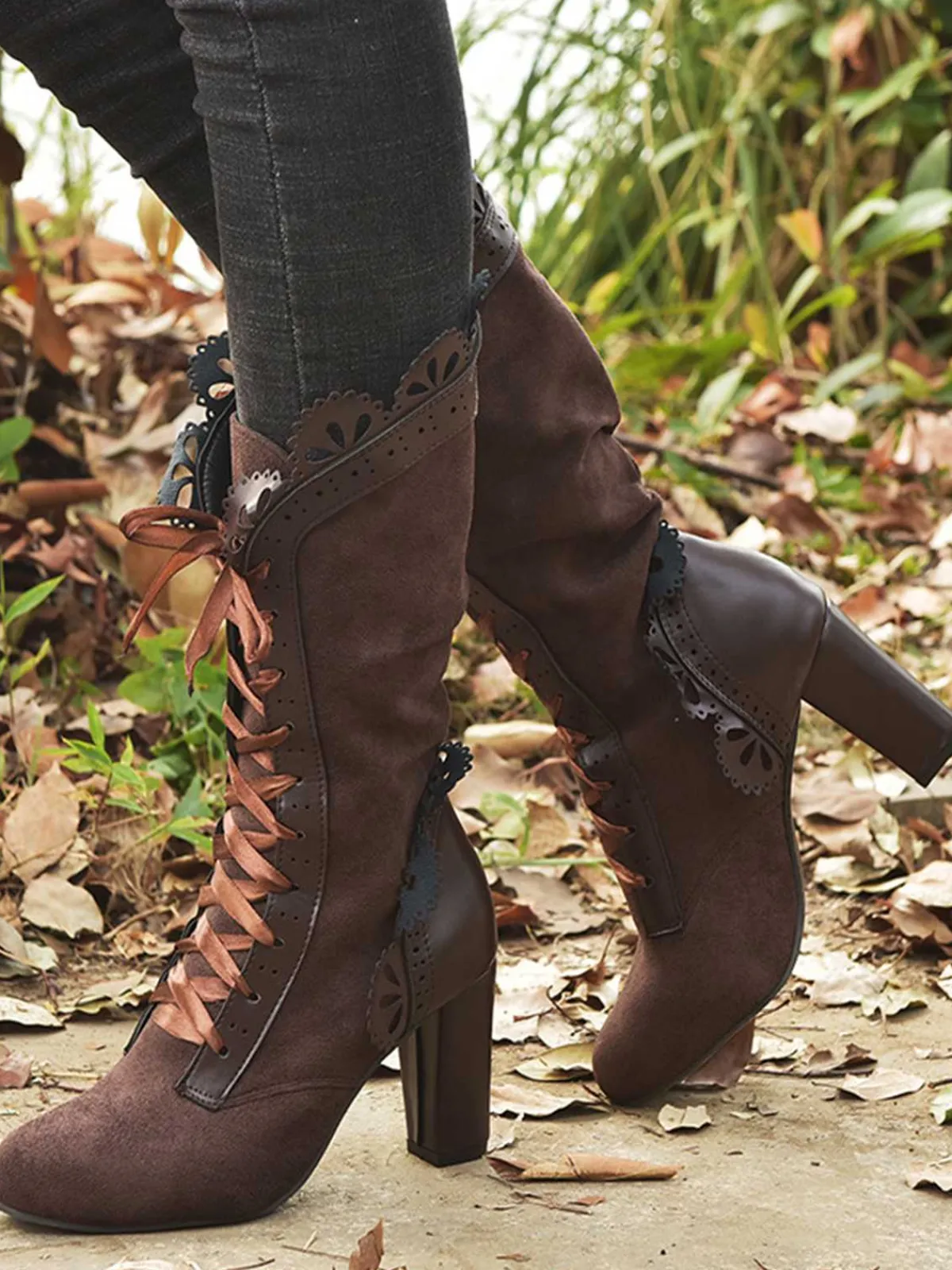 Outlet Retro Stage Leather Petal Edge Lace-Up Mid-Calf Boots