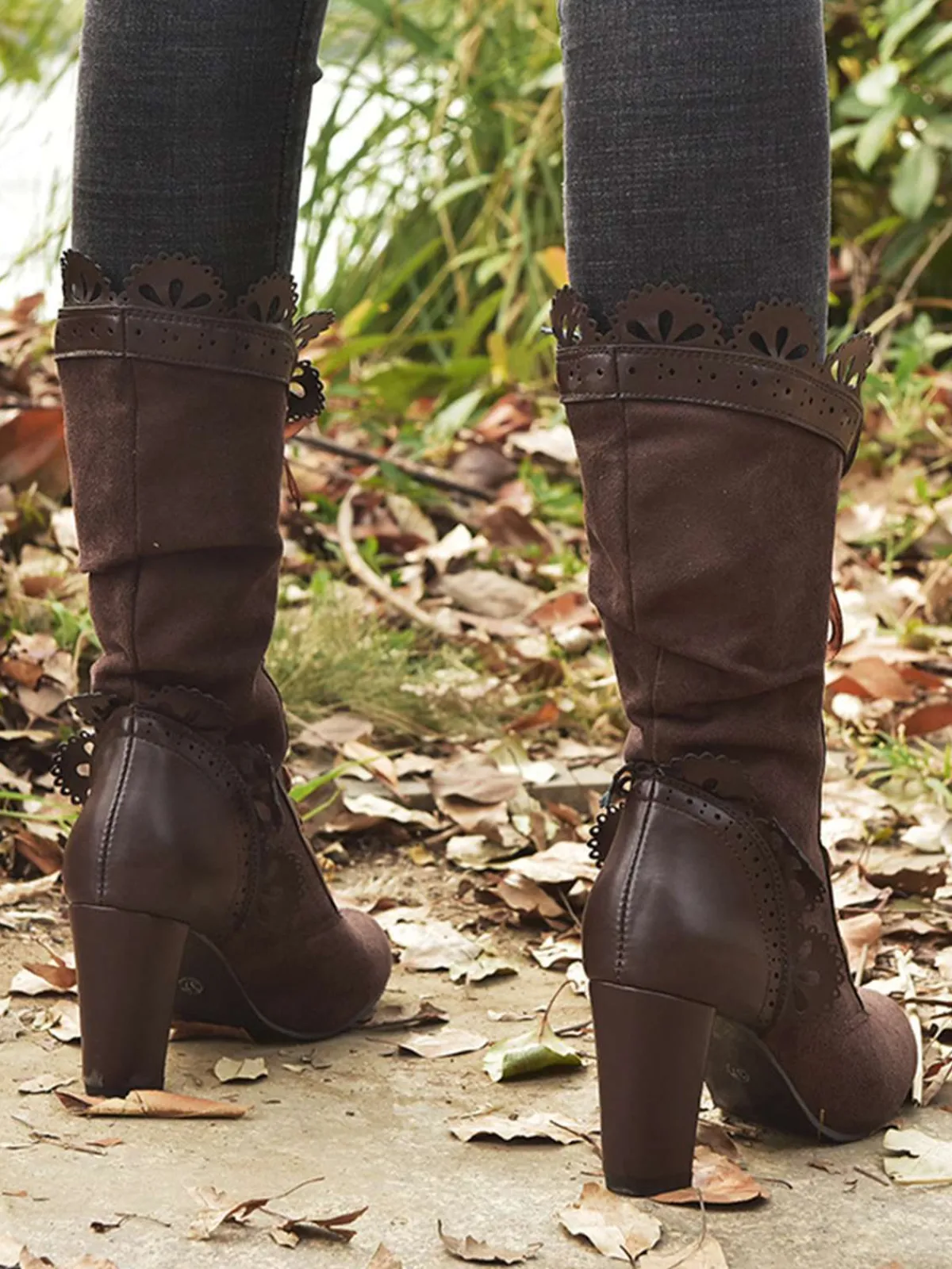 Outlet Retro Stage Leather Petal Edge Lace-Up Mid-Calf Boots