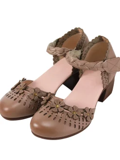 Outlet Retro Stage Leather Vintage Hollow-out High Heeled Sandals