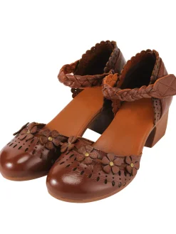 Outlet Retro Stage Leather Vintage Hollow-out High Heeled Sandals