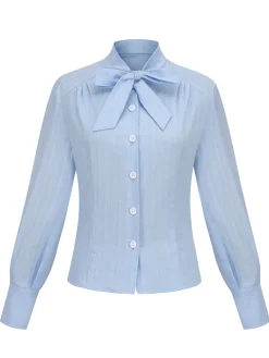 Clearance Retro Stage 1950s Bow Collar Blouse Light Blue