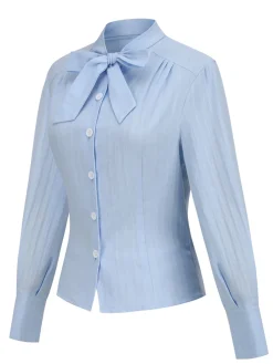 Clearance Retro Stage 1950s Bow Collar Blouse Light Blue