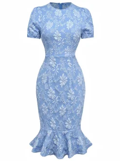 New Retro Stage 1930s Daisy Puff Sleeve Dress Light Blue