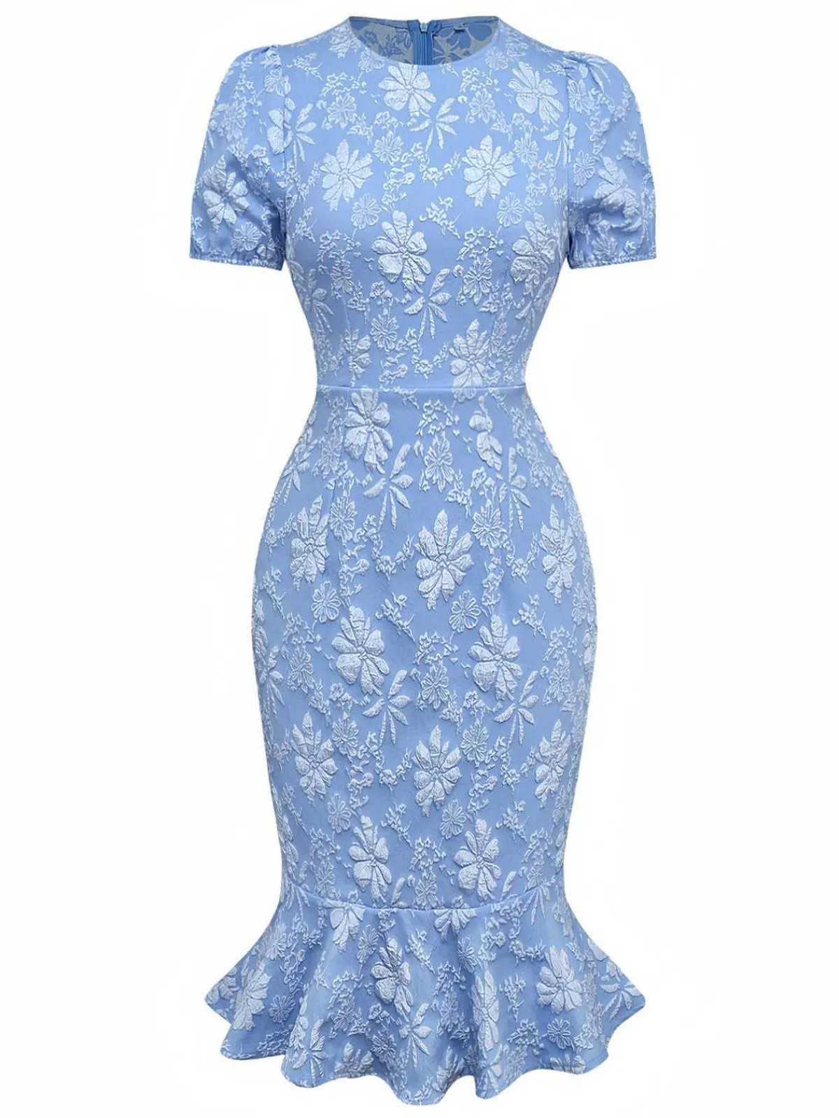 New Retro Stage 1930s Daisy Puff Sleeve Dress Light Blue