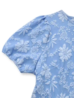 New Retro Stage 1930s Daisy Puff Sleeve Dress Light Blue