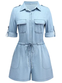 Best Retro Stage 1950s Denim Button Lapel Romper Light Blue