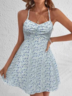 Sale Retro Stage 1970s Ditsy Floral Backless Dress Light Blue