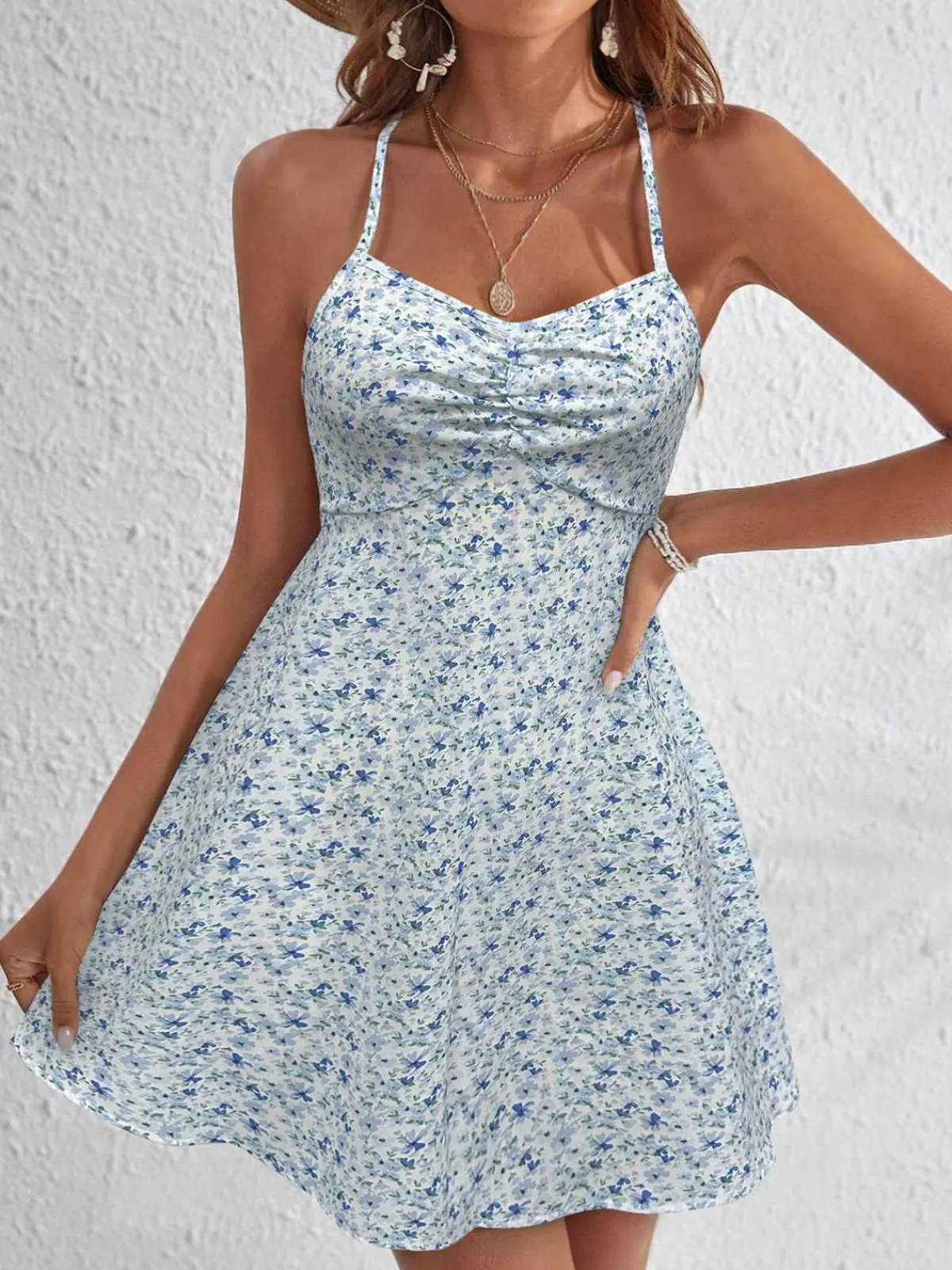 Sale Retro Stage 1970s Ditsy Floral Backless Dress Light Blue