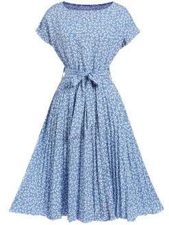 Fashion Retro Stage 1940s Floral Pleated Dress Light Blue