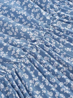 Fashion Retro Stage 1940s Floral Pleated Dress Light Blue