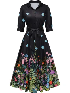 Best Retro Stage Light Blue 1940s Floral Shirt Neck Belt Dress